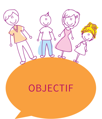 Dessin d'une famille sur une bulle avec objectif écrit dedans.